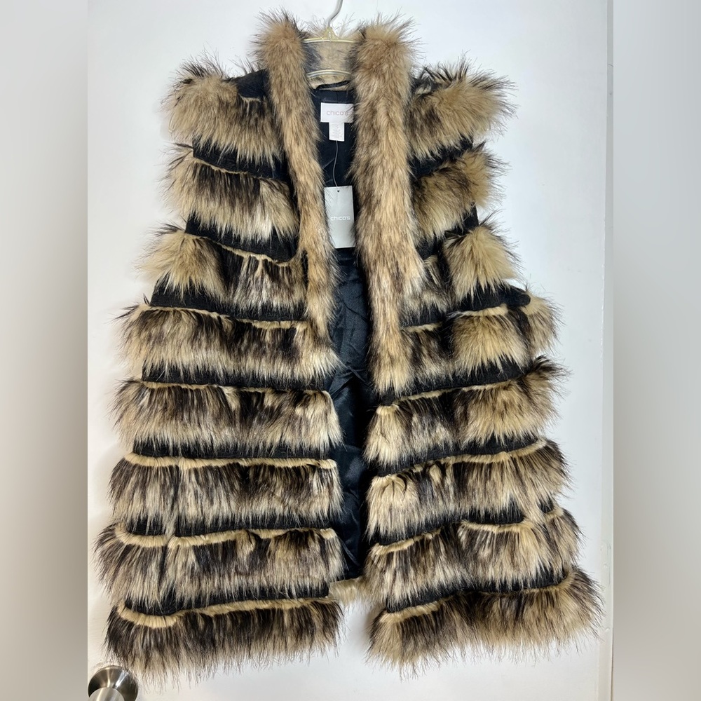 Chico’s Vest Novelty Stripe Faux Fur Vest Outerwear Neutral Size 3